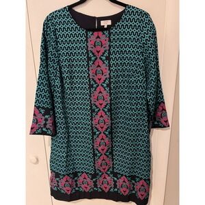 Crown & Ivy Women's Size 10 Sheath Dress Navy Teal & Hot Pink 3/4‎ Sleeve